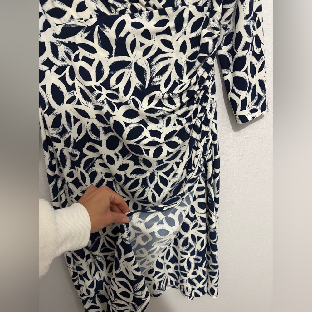 Lauren Ralph Lauren Navy and Cream/White Elsie Faux Mock Wrap 3/4 Sleeve Dress - Picture 7 of 9